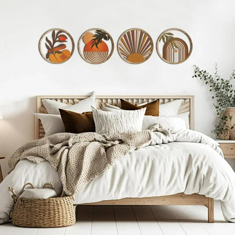 4 Boho Wall Art Bohemian Wooden Round Circle Wall Decor Hollow out Hanging - New